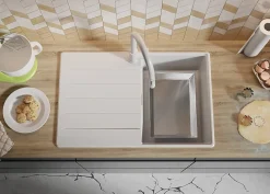 PRIMAGRAN Evier Cuisine en Granit Tout Blanc 78x50cm, Lavabo 1 bac + Accessoires, Évier à Encastrer au meuble 45cm