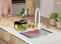 PRIMAGRAN Evier Cuisine en Granit Tout Blanc 78x50cm, Lavabo 1 bac + Accessoires, Évier à Encastrer au meuble 45cm