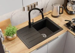 PRIMAGRAN Evier Cuisine en Granit Noir Métallisé 70x44cm, Lavabo 1 bac + Accessoires, Évier à Encastrer au meuble 45cm