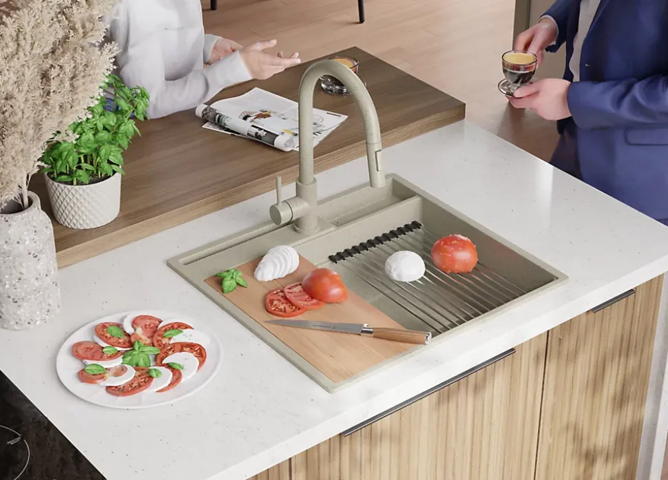 PRIMAGRAN Evier Cuisine en Granit Beige 58x53cm, Lavabo 1 bac + Kit de Vidage + Accessoires, Évier à Encastrer au meuble 60cm