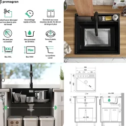 PRIMAGRAN Evier Cuisine en Granit Beige 58x53cm, Lavabo 1 bac + Kit de Vidage + Accessoires, Évier à Encastrer au meuble 60cm