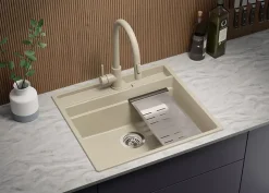 PRIMAGRAN Evier Cuisine en Granit Beige 58x53cm, Lavabo 1 bac + Kit de Vidage + Accessoires, Évier à Encastrer au meuble 60cm