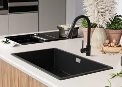 PRIMAGRAN Evier Cuisine en Granit Tout Noir 76x47cm, Lavabo 1 bac + Kit de Vidage + Accessoires, Évier à Encastrer au meuble 80cm