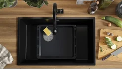 PRIMAGRAN Evier Cuisine en Granit Tout Noir 76x47cm, Lavabo 1 bac + Kit de Vidage + Accessoires, Évier à Encastrer au meuble 80cm