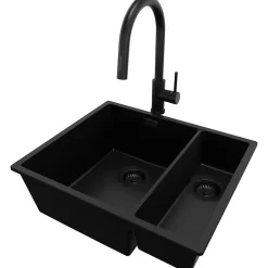 PRIMAGRAN Evier Cuisine en Granit Tout Noir 56x47cm, Lavabo 1,5 bacs + Accessoires, Évier à Encastrer au meuble 60cm