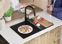 PRIMAGRAN Evier Cuisine en Granit Noir 78x50cm, Lavabo 1 bac + Kit de Vidage + Accessoires, Évier à Encastrer au meuble 45cm