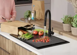 PRIMAGRAN Evier Cuisine en Granit Noir 78x50cm, Lavabo 1 bac + Kit de Vidage + Accessoires, Évier à Encastrer au meuble 45cm