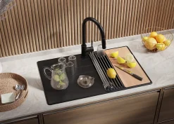 PRIMAGRAN Evier Cuisine en Granit Noir 78x50cm, Lavabo 1 bac + Kit de Vidage + Accessoires, Évier à Encastrer au meuble 45cm