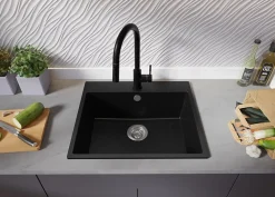 PRIMAGRAN Evier Cuisine en Granit Noir 58x50cm, Lavabo 1 bac + Kit de Vidage, Évier à Encastrer au meuble 60cm - Riga