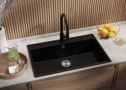 PRIMAGRAN Evier Cuisine en Granit Noir 78x50cm, Lavabo 1 bac + Kit de Vidage, Évier à Encastrer au meuble 80cm - Riga