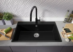 PRIMAGRAN Evier Cuisine en Granit Noir 78x50cm, Lavabo 1 bac + Kit de Vidage, Évier à Encastrer au meuble 80cm - Riga