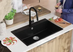 PRIMAGRAN Evier Cuisine en Granit Noir 78x50cm, Lavabo 1 bac + Kit de Vidage, Évier à Encastrer au meuble 80cm - Riga