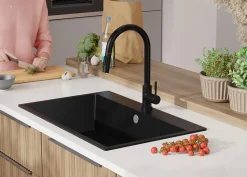 PRIMAGRAN Evier Cuisine en Granit Noir 78x50cm, Lavabo 1 bac + Kit de Vidage, Évier à Encastrer au meuble 80cm - Riga