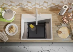 PRIMAGRAN Evier Cuisine en Granit Blanc 58x50cm, Lavabo 1 bac + Kit de Vidage, Évier à Encastrer au meuble 60cm - Riga