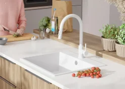 PRIMAGRAN Evier Cuisine en Granit Blanc 58x50cm, Lavabo 1 bac + Kit de Vidage, Évier à Encastrer au meuble 60cm - Riga