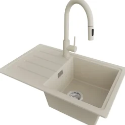 PRIMAGRAN Evier Cuisine en Granit Beige 70x44cm, Lavabo 1 bac + Kit de Vidage + Accessoires, Évier à Encastrer au meuble 45cm