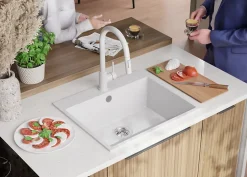 PRIMAGRAN Evier Cuisine en Granit Tout Blanc 58x50cm, Lavabo 1 bac + Kit de Vidage, Évier à Encastrer au meuble 60cm - Riga