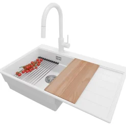 PRIMAGRAN Evier Cuisine en Granit Blanc 78x50cm, Lavabo 1 bac + Kit de Vidage + Accessoires, Évier à Encastrer au meuble 50cm