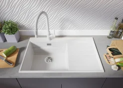 PRIMAGRAN Evier Cuisine en Granit Blanc 78x50cm, Lavabo 1 bac + Kit de Vidage + Accessoires, Évier à Encastrer au meuble 50cm