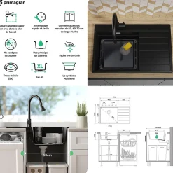 PRIMAGRAN Evier Cuisine en Granit Blanc 78x50cm, Lavabo 1 bac + Kit de Vidage + Accessoires, Évier à Encastrer au meuble 50cm