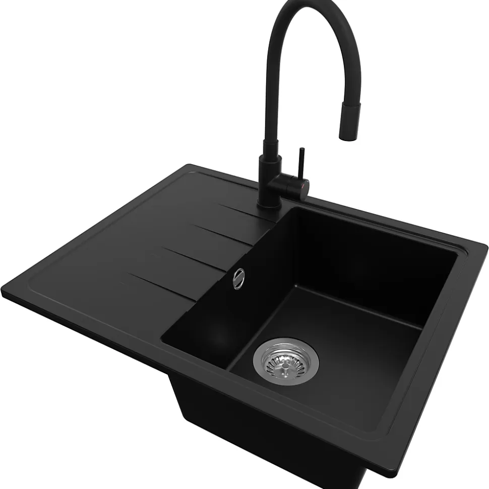 PRIMAGRAN Evier Cuisine en Granit Noir 62x50cm, Lavabo 1 bac + Kit de Vidage + Accessoires, Évier à Encastrer au meuble 40cm