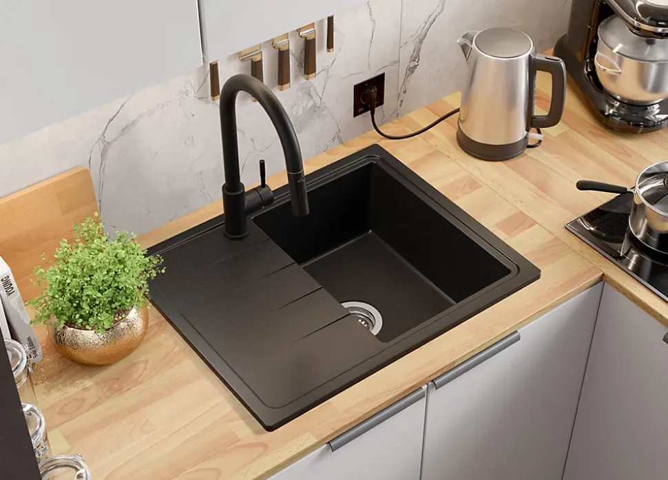 PRIMAGRAN Evier Cuisine en Granit Noir 62x50cm, Lavabo 1 bac + Kit de Vidage + Accessoires, Évier à Encastrer au meuble 40cm