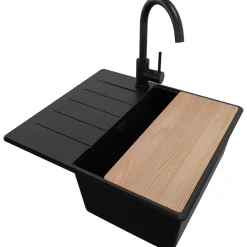 PRIMAGRAN Evier Cuisine en Granit Tout Noir 55x50cm, Lavabo 1 bac + Kit de Vidage + Accessoires, Évier à Encastrer au meuble 40cm