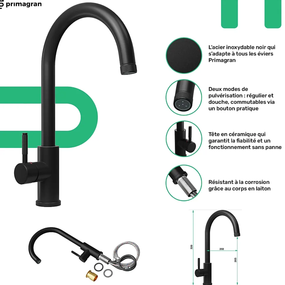 PRIMAGRAN Evier Cuisine en Granit Tout Noir 55x50cm, Lavabo 1 bac + Kit de Vidage + Accessoires, Évier à Encastrer au meuble 40cm