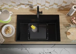 PRIMAGRAN Evier Cuisine en Granit Tout Noir 78x50cm, Lavabo 1 bac + Kit de Vidage, Évier à Encastrer au meuble 80cm - Riga