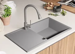 PRIMAGRAN Evier Cuisine en Granit Gris 90x50cm, Lavabo 1 bac + Kit de Vidage, Évier à Encastrer au meuble 60cm - Ibiza