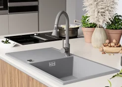 PRIMAGRAN Evier Cuisine en Granit Gris 90x50cm, Lavabo 1 bac + Kit de Vidage, Évier à Encastrer au meuble 60cm - Ibiza