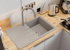 PRIMAGRAN Evier Cuisine en Granit Gris 78x50cm, Lavabo 1 bac + Kit de Vidage, Évier à Encastrer au meuble 45cm - Milan