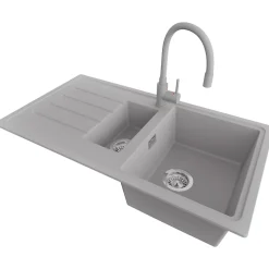 PRIMAGRAN Evier Cuisine en Granit Gris 90x50cm, Lavabo 1,5 bacs + Kit de Vidage + Accessoires, Évier à Encastrer au meuble 60cm