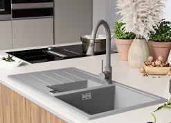 PRIMAGRAN Evier Cuisine en Granit Gris 90x50cm, Lavabo 1,5 bacs + Kit de Vidage + Accessoires, Évier à Encastrer au meuble 60cm