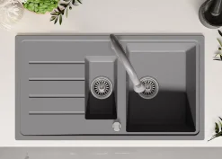 PRIMAGRAN Evier Cuisine en Granit Gris 90x50cm, Lavabo 1,5 bacs + Kit de Vidage + Accessoires, Évier à Encastrer au meuble 60cm
