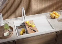 PRIMAGRAN Evier Cuisine en Granit Blanc 78x50cm, Lavabo 1 bac + Kit de Vidage + Accessoires, Évier à Encastrer au meuble 45cm