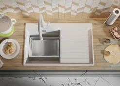 PRIMAGRAN Evier Cuisine en Granit Blanc 78x50cm, Lavabo 1 bac + Kit de Vidage + Accessoires, Évier à Encastrer au meuble 45cm