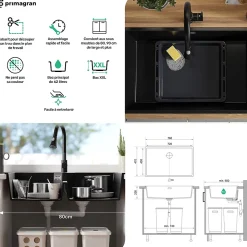 PRIMAGRAN Evier Cuisine en Granit Blanc 76x47cm, Lavabo 1 bac + Kit de Vidage, Évier à Encastrer au meuble 80cm - London Slim