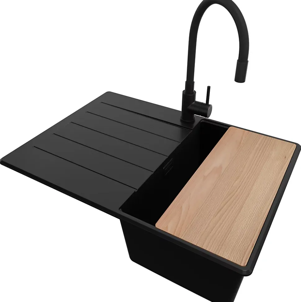 PRIMAGRAN Evier Cuisine en Granit Tout Noir 70x50cm, Lavabo 1 bac + Kit de Vidage + Accessoires, Évier à Encastrer au meuble 40cm