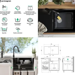 PRIMAGRAN Evier Cuisine en Granit Graphite 90x50cm, Lavabo 1 bac + Kit de Vidage, Évier à Encastrer au meuble 60cm - Ibiza