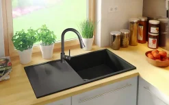PRIMAGRAN Evier Cuisine en Granit Graphite 90x50cm, Lavabo 1 bac + Kit de Vidage, Évier à Encastrer au meuble 60cm - Ibiza