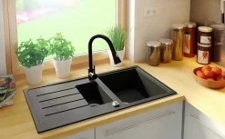 PRIMAGRAN Evier Cuisine en Granit Noir Métallisé 90x50cm, Lavabo 1,5 bacs + Accessoires, Évier à Encastrer au meuble 60cm