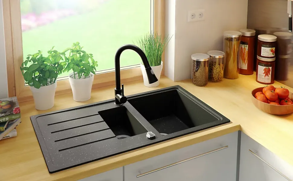 PRIMAGRAN Evier Cuisine en Granit Noir Métallisé 90x50cm, Lavabo 1,5 bacs + Accessoires, Évier à Encastrer au meuble 60cm