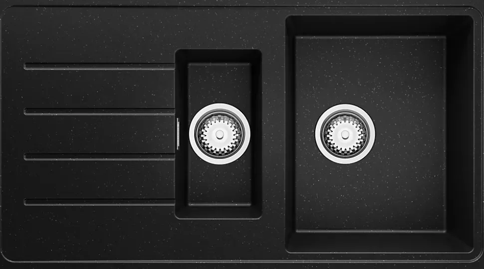 PRIMAGRAN Evier Cuisine en Granit Noir Métallisé 90x50cm, Lavabo 1,5 bacs + Accessoires, Évier à Encastrer au meuble 60cm