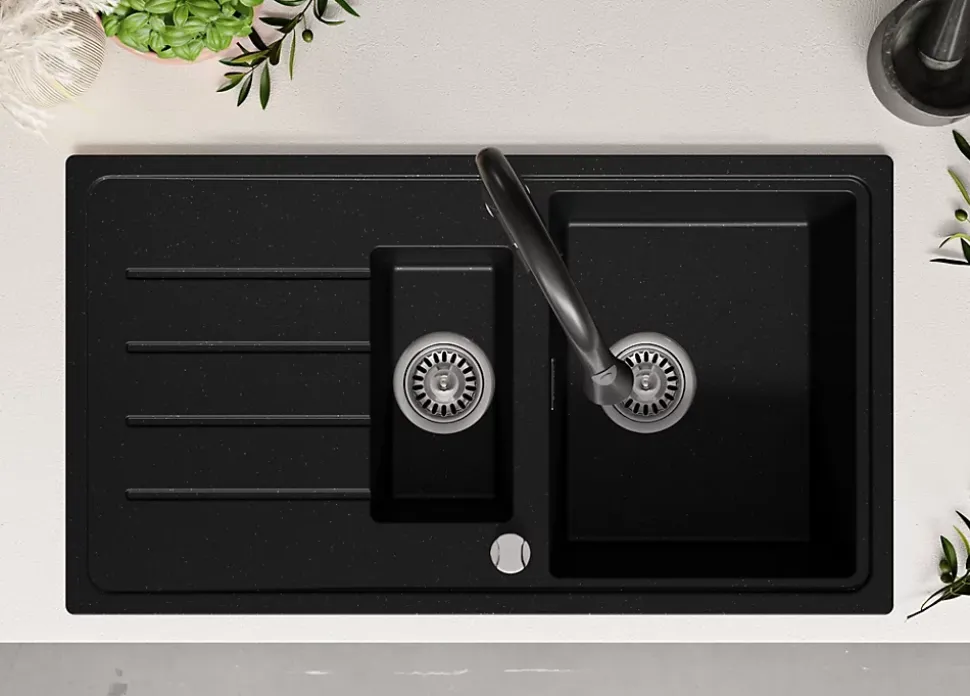 PRIMAGRAN Evier Cuisine en Granit Noir Métallisé 90x50cm, Lavabo 1,5 bacs + Accessoires, Évier à Encastrer au meuble 60cm