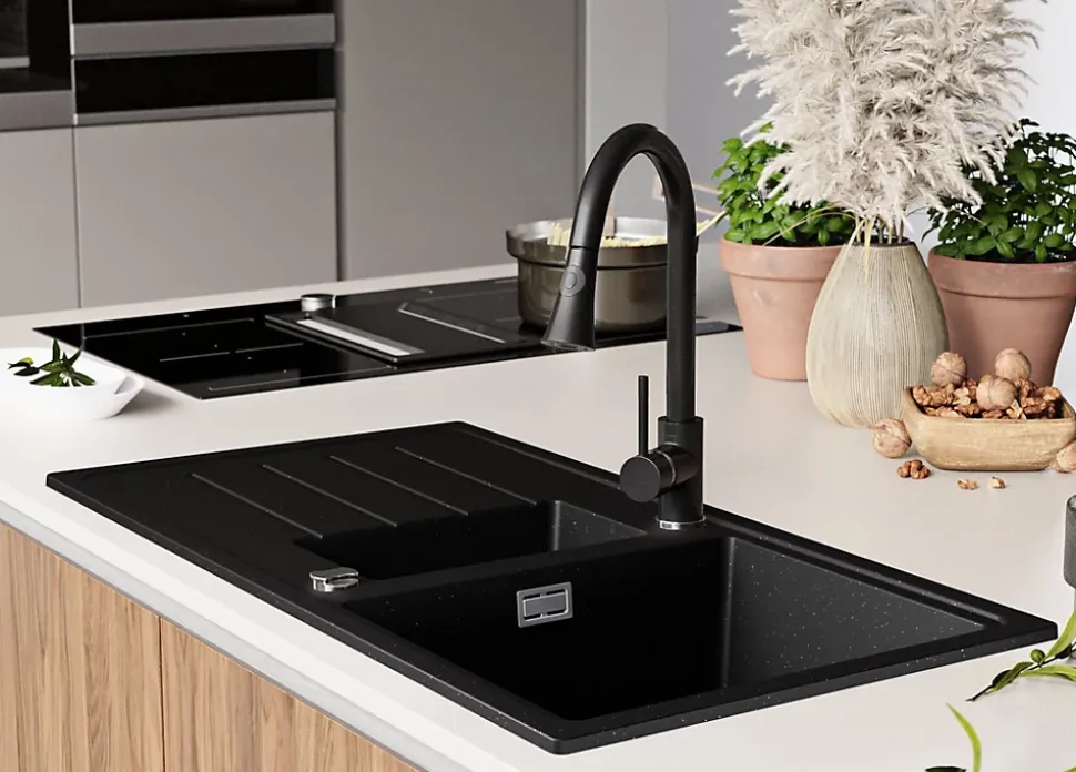 PRIMAGRAN Evier Cuisine en Granit Noir Métallisé 90x50cm, Lavabo 1,5 bacs + Accessoires, Évier à Encastrer au meuble 60cm