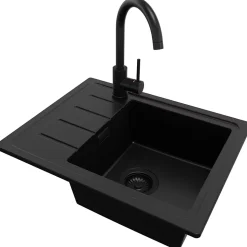 PRIMAGRAN Evier Cuisine en Granit Tout Noir 55x44cm, Lavabo 1 bac + Kit de Vidage + Accessoires, Évier à Encastrer au meuble 45cm