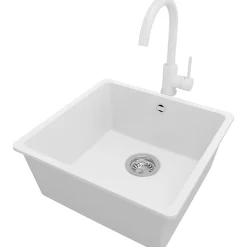 PRIMAGRAN Evier Cuisine en Granit Blanc 46x44cm, Lavabo 1 bac + Kit de Vidage + Accessoires, Évier à Encastrer au meuble 50cm