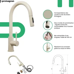 PRIMAGRAN Evier Cuisine en Granit Beige 78x53cm, Lavabo 1 bac + Kit de Vidage + Accessoires, Évier à Encastrer au meuble 80cm