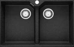 PRIMAGRAN Evier Cuisine en Granit Graphite 78x50cm, Lavabo 2 bacs + Kit de Vidage, Évier à Encastrer au meuble 80cm - Madrid Twin